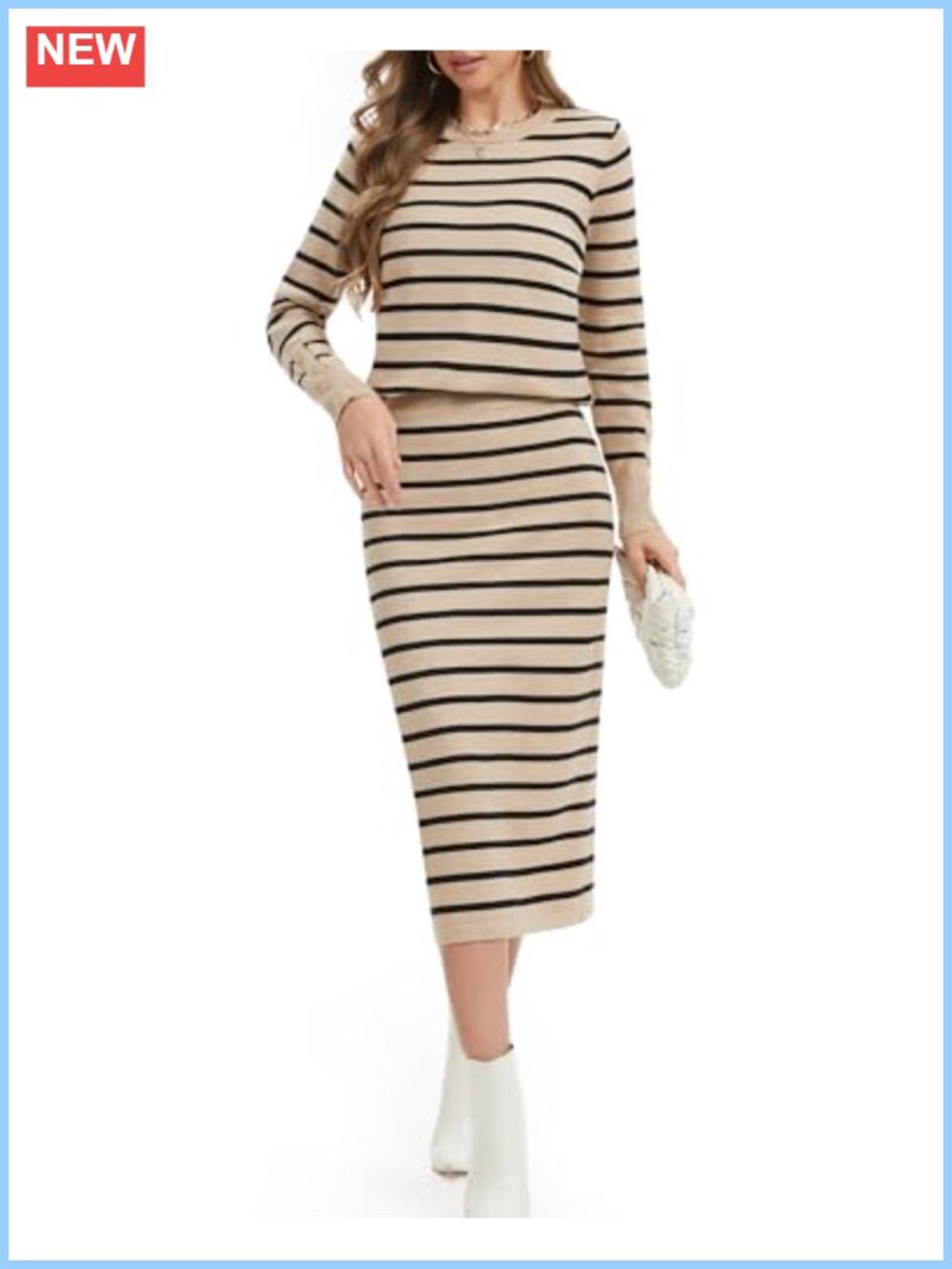 Striped Knit Two-Piece Skirt Set Long Sleeve Sweater & Midi Skirt